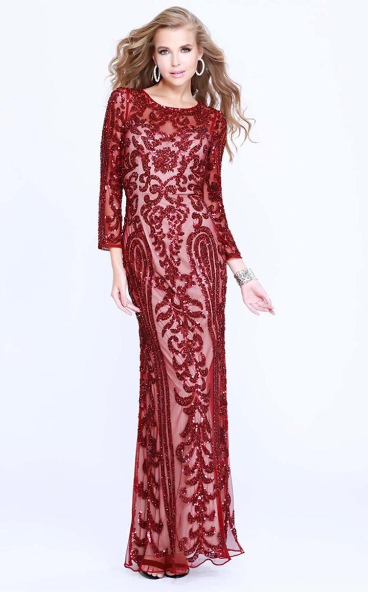 Shail K - 1287 Long Sleeve Sequined Illusion Evening Dress