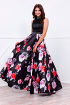 Nox Anabel - Embellished High Jewel Long Dress With Floral Printed Skirt 8289