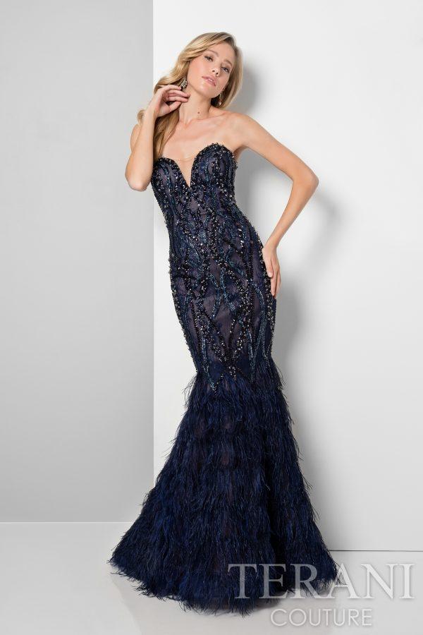 Terani Evening - Strapless Beaded Feather Hem Mermaid Gown