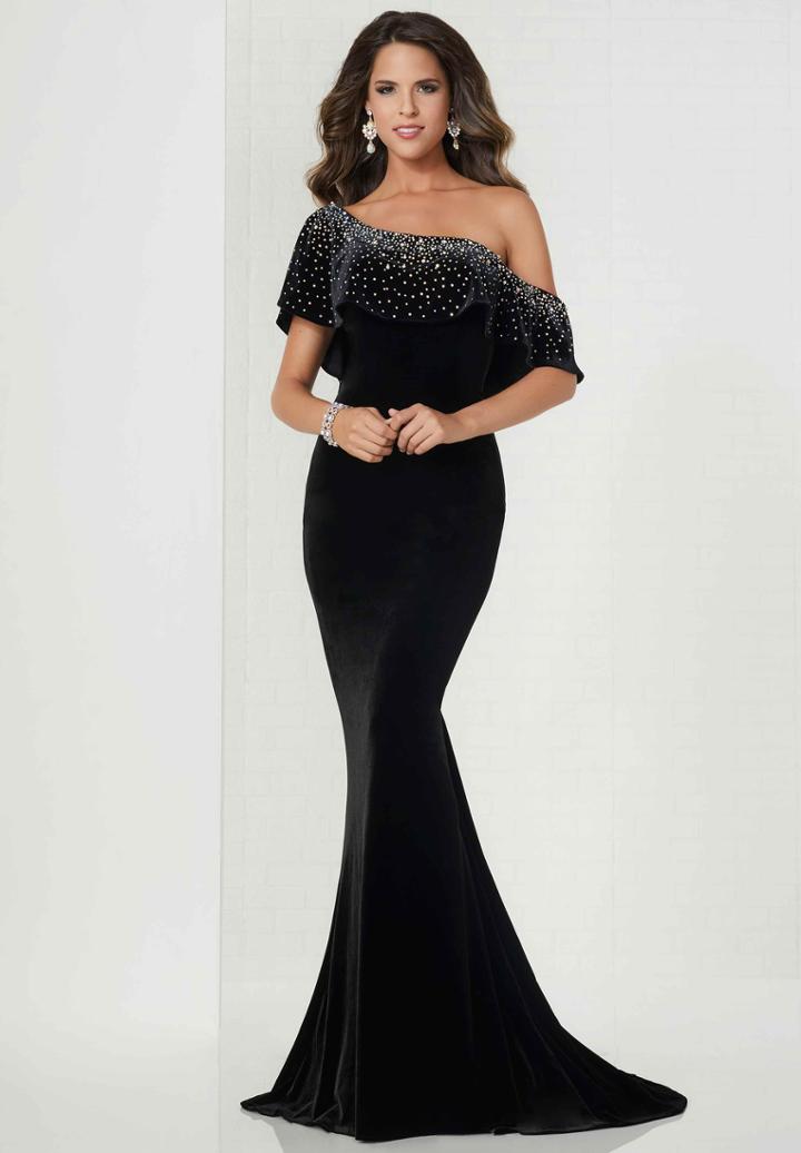 Tiffany Homecoming - 46125 Embellished Asymmetric Velvet Trumpet Dress