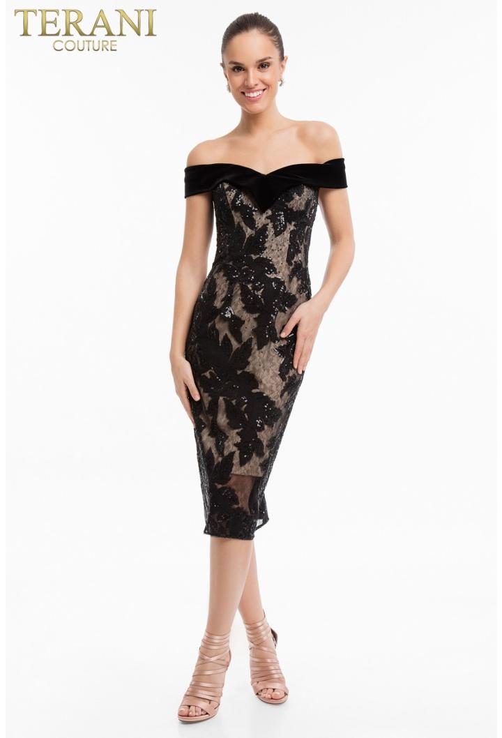 Terani Couture - 1823c7074 Lace Off-shoulder Sheath Dress