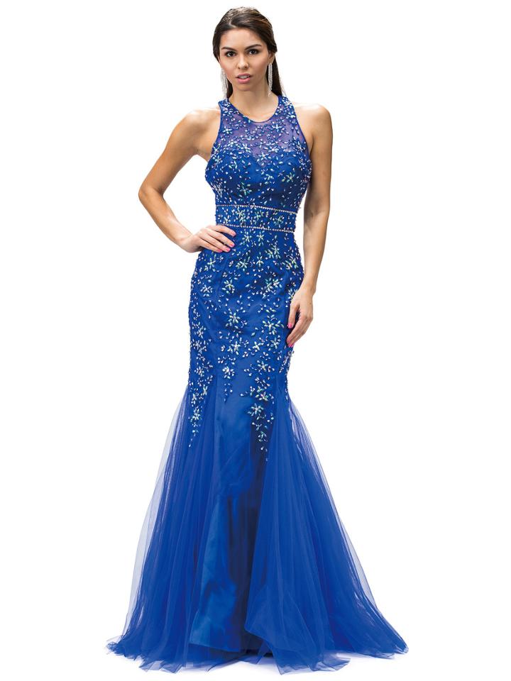 Dancing Queen - Dramatic Jeweled Illusion Neck Long Mermaid Dress 8958