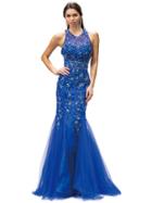 Dancing Queen - Dramatic Jeweled Illusion Neck Long Mermaid Dress 8958