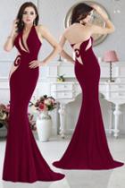 Janique - Long Halter Nude Asymmetric Inset Jersey Gown K6529