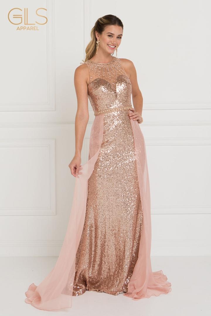 Elizabeth K - Gl1579 Sequined Illusion Overskirt Sheath Gown