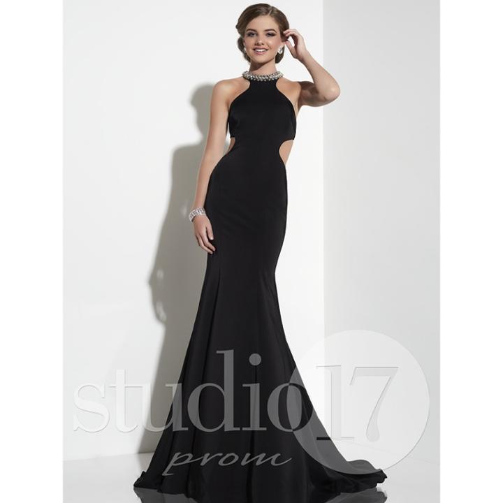 Studio 17 - Elegant Encrusted Choker Neck Stretch Satin Gown 12634