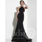 Studio 17 - Elegant Encrusted Choker Neck Stretch Satin Gown 12634