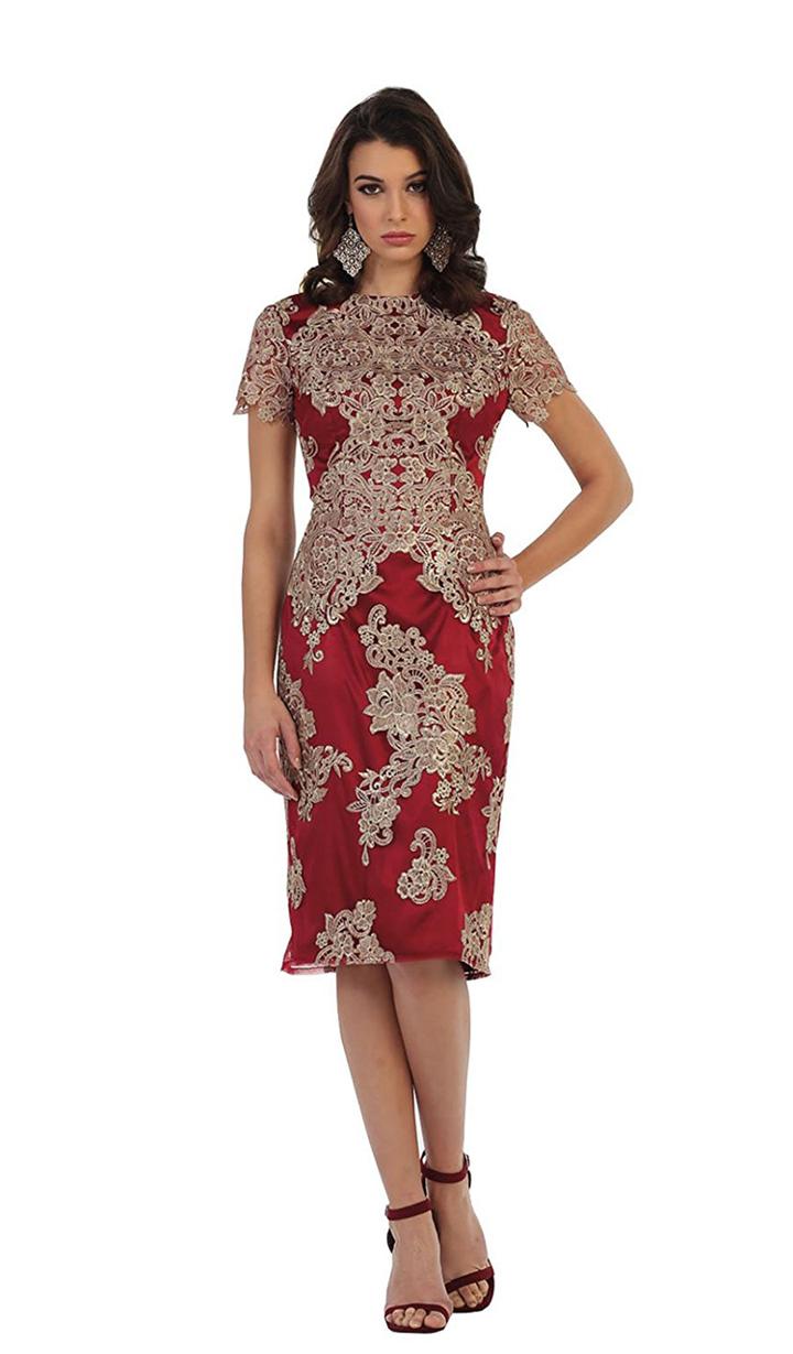 May Queen - Sophisticated Embroidered Short Sleeve Jewel Sheath Dress Mq1478