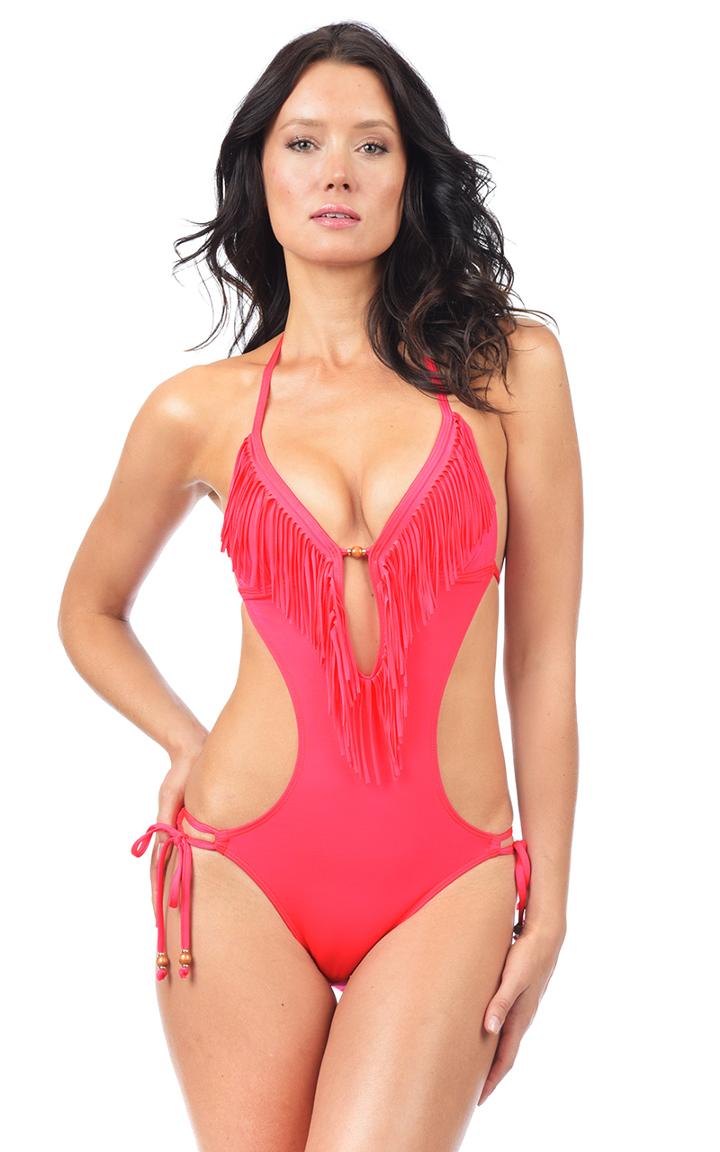 Voda Swim - Hot Coral Envy Push Up Fringe Monokini