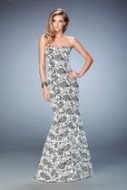 La Femme - 22219 Strapless Contrast Floral Lace Evening Gown