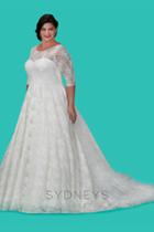 Sydney's Closet - Long Lace Illusion Dress With Quarter Length Sleeves Sc5216