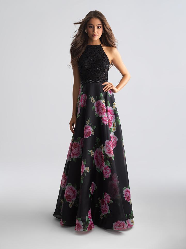 Madison James - 18-658 Beaded Halter Neck Floral A-line Gown