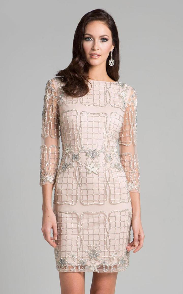 Lara Dresses - 33031 Lattice Embellished Bateau Neck Short Dress
