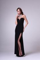 Cinderella Divine - Faux Jewel High Neck Fitted Dress With Slit