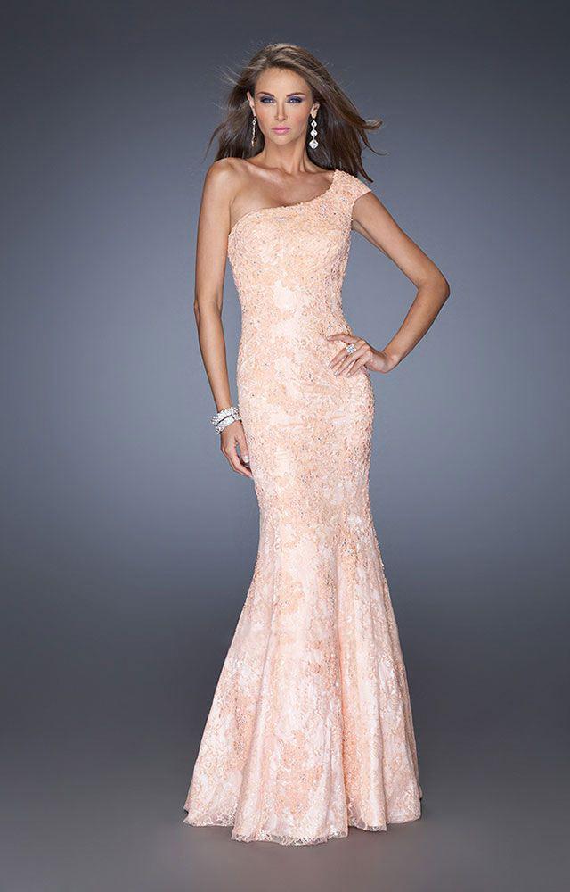 La Femme - 19604 Asymmetrical Cap Sleeve Lace Gown