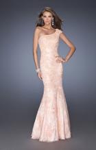 La Femme - 19604 Asymmetrical Cap Sleeve Lace Gown