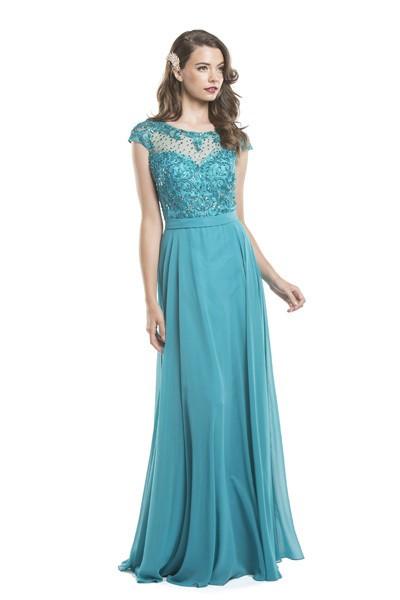 Aspeed - L1346 Illusion Embroidered Long Formal Teal Dress