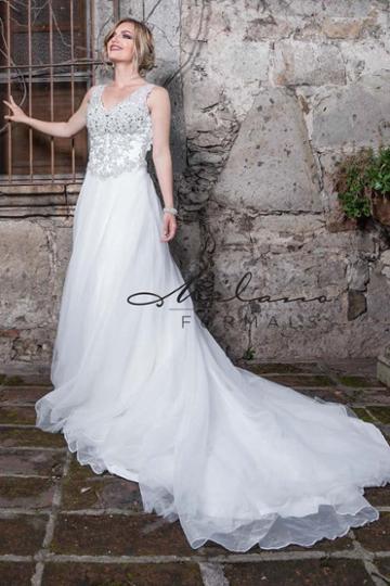 Milano Formals - Aa9309 Appliqued V Neck Wedding Gown