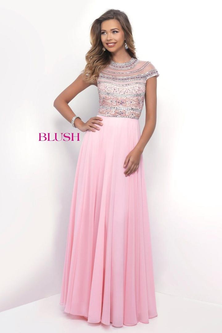 Blush - Decked Cap Sleeve Illusion Jewel Neck Dress 11217