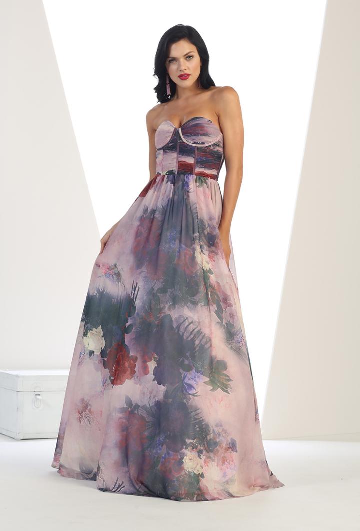 May Queen - Rq7418 Strapless Floral Corset A-line Gown