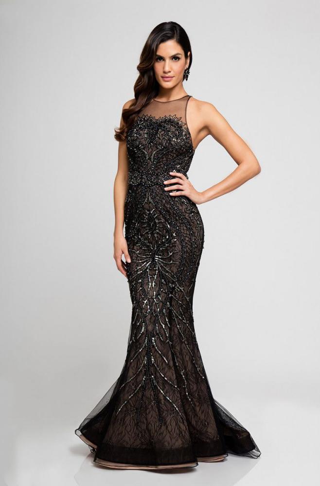 Terani Evening - 1721gl4431 Illusion Halter Neck Trumpet Dress