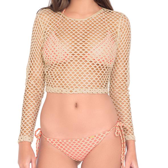 Luli Fama - Starfish Wishes Gold Net Long Sleeve Crop Top In Gold (l475618)