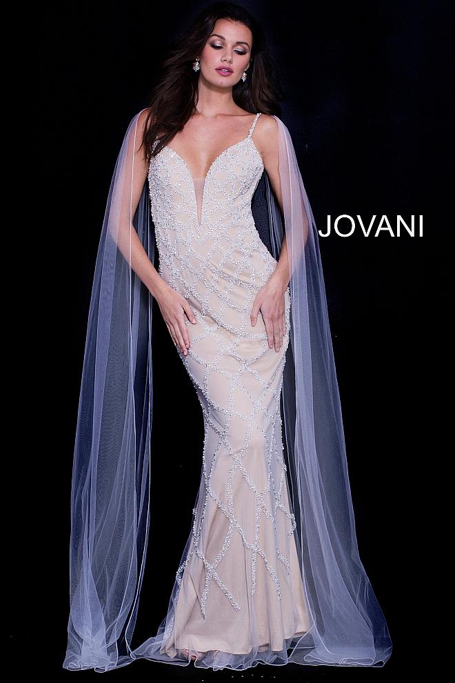 Jovani - 59649 Embellished Deep V-neck Sheath Dress With Chiffon Tails