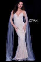 Jovani - 59649 Embellished Deep V-neck Sheath Dress With Chiffon Tails