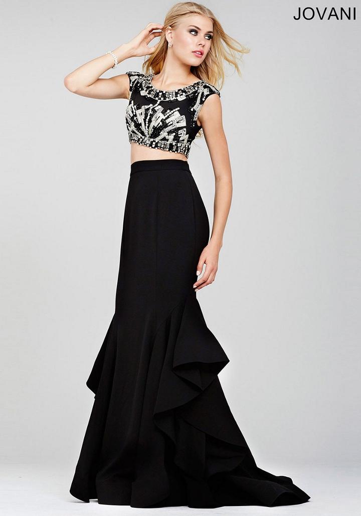Jovani - Classy Art Deco Two-piece Bateau Trumpet Gown 28901