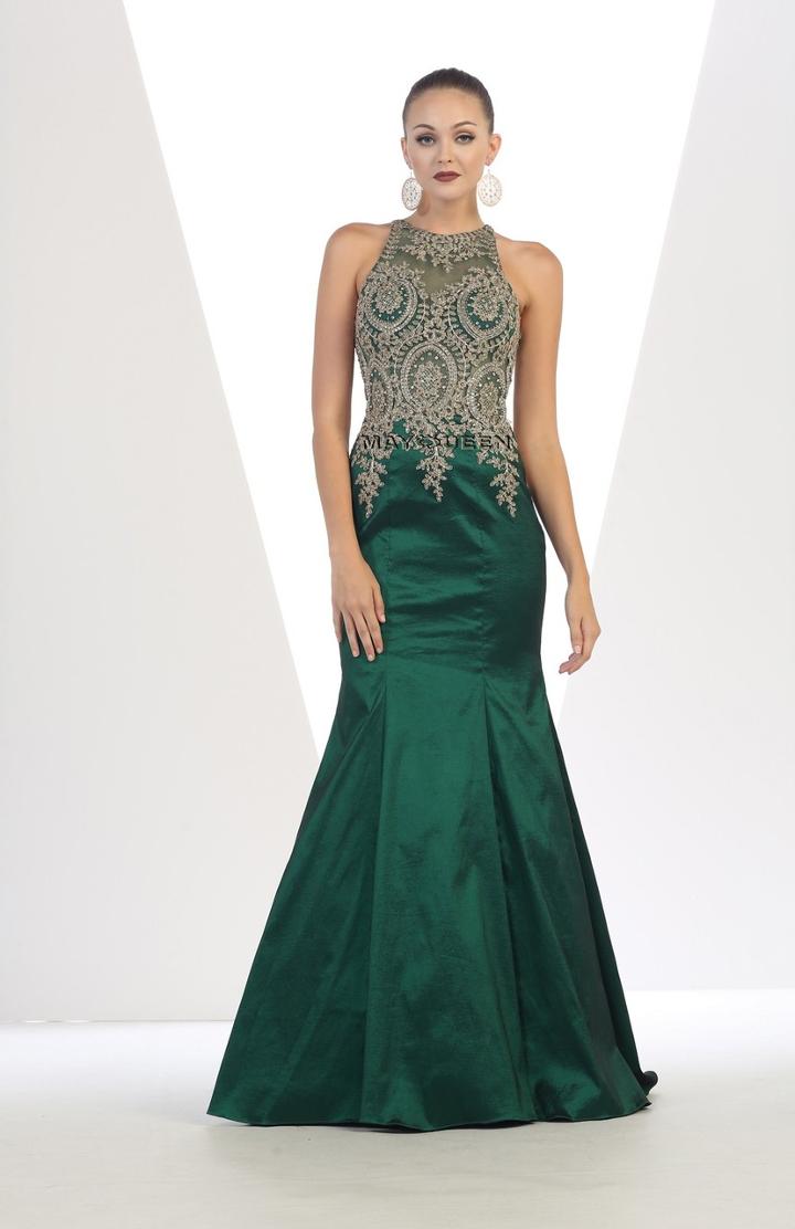 High Neck Sequin Embellished Satin Mermaid Dress