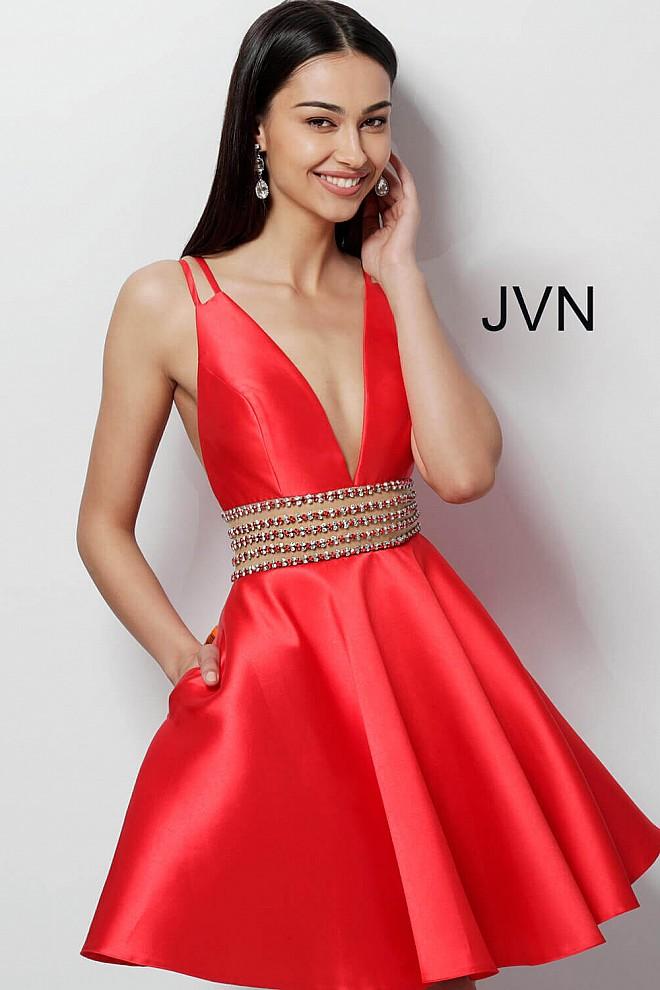 Jovani - Jvn62285 Fitted Plunging Embellished Waist Cocktail Dress