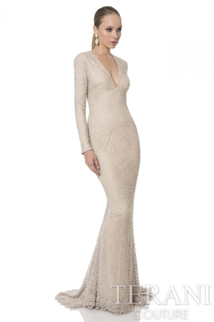Terani Evening - Stunning Beaded Deep V-neck Long Sleeve Polyester Trumpet Gown 1611m0629a
