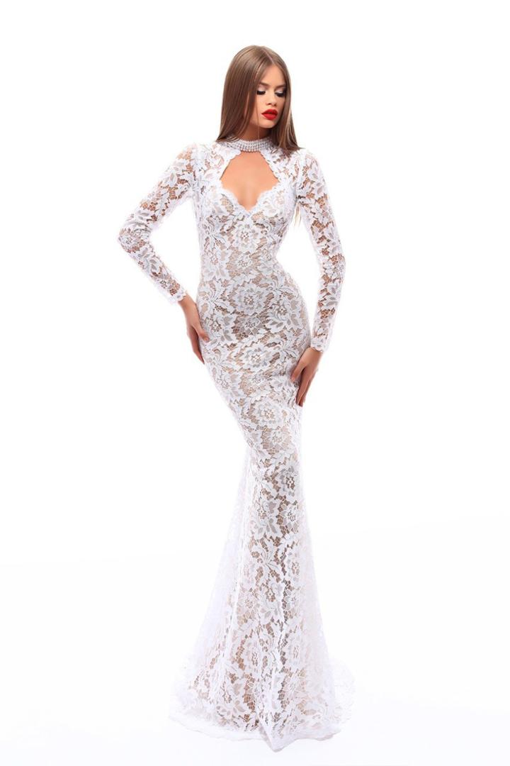 Tarik Ediz - 50230 Long Sleeve High Neck Lace Sheath Dress