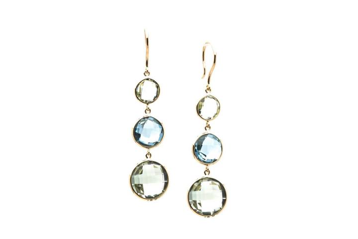 Tresor Collection - Green Amethyst & Sky Blue Topaz Triple Dangle Earrings In 18k Yellow Gold