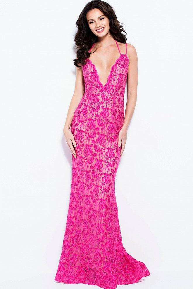 Jovani - 60367 Lace Deep V-neck Sheath Dress