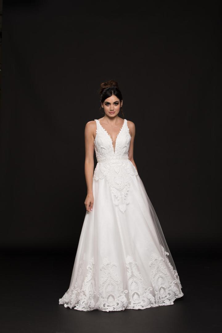 Colors Dress - 1943 Plunging V-neck Embroidered A-line Mesh Gown