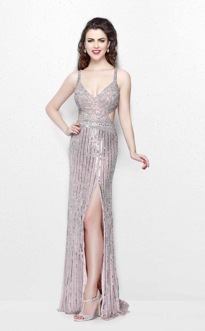 Primavera Couture - Glittering Long V-neck Dress With Slit 1870