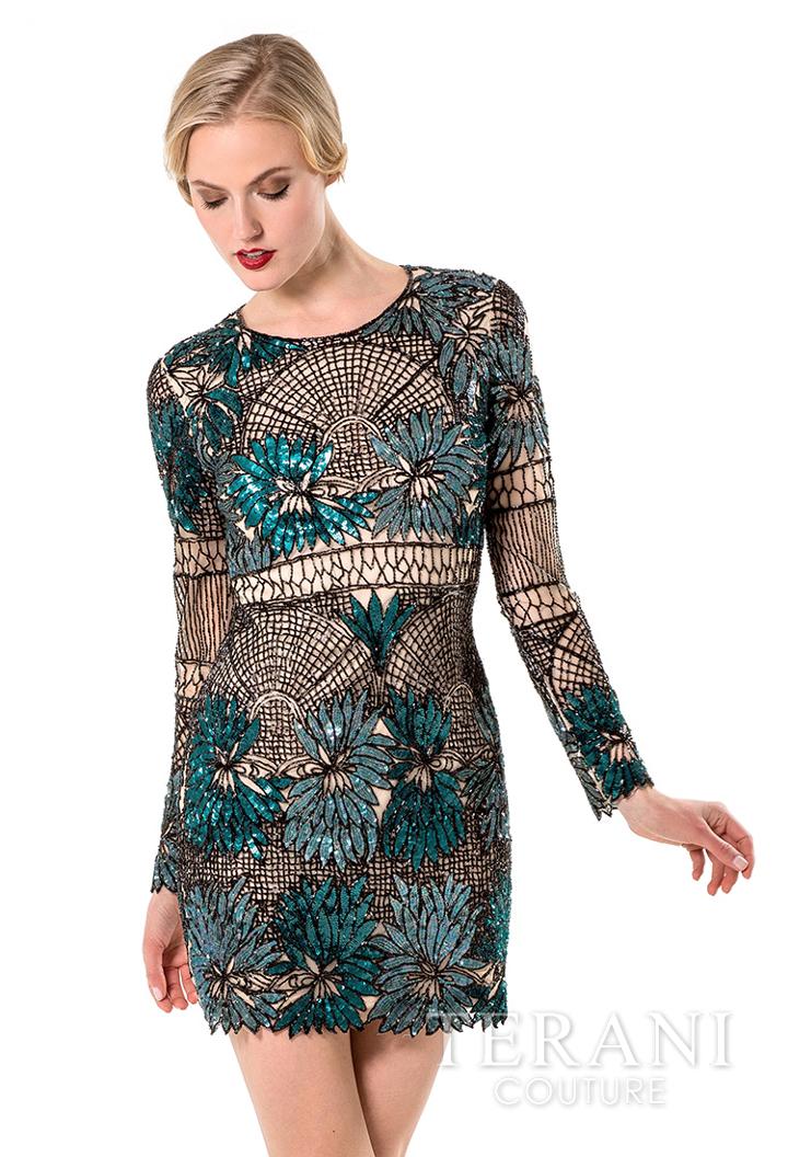 Terani Evening - Long Sleeve Nude Illusion Dress 1525c0920