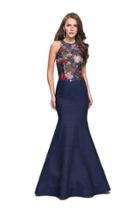 La Femme - 25885 Floral Printed Open Back Denim Trumpet Gown