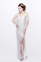 Primavera Couture - Shimmering Sequined V-neck Sheath Gown With Slit 1817
