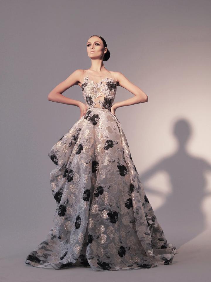 Nicole Bakti - 6797 Printed Sheer Asymmetrical Ballgown