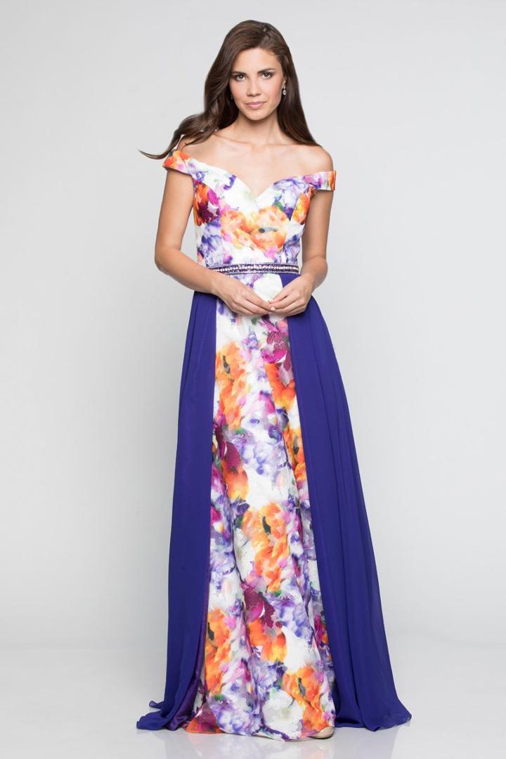 Milano Formals - E2360 Floral Printed Off Shoulder Evening Dress