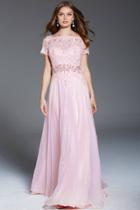 Jovani - 47935 Short Sleeve Bejeweled Illusion Lace A-line Gown