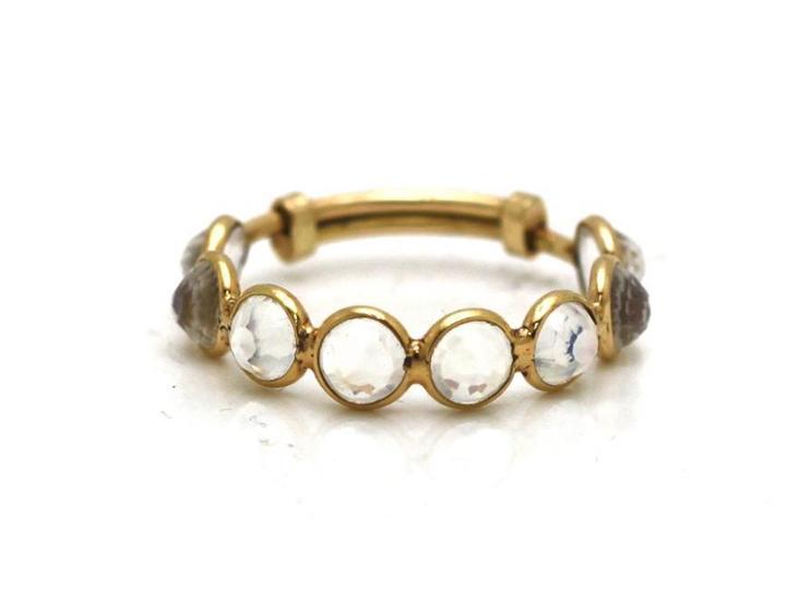 Tresor Collection - Rainbow Moonstone Faceted Round Adjustable Ring Band In 18k Yellow Gold