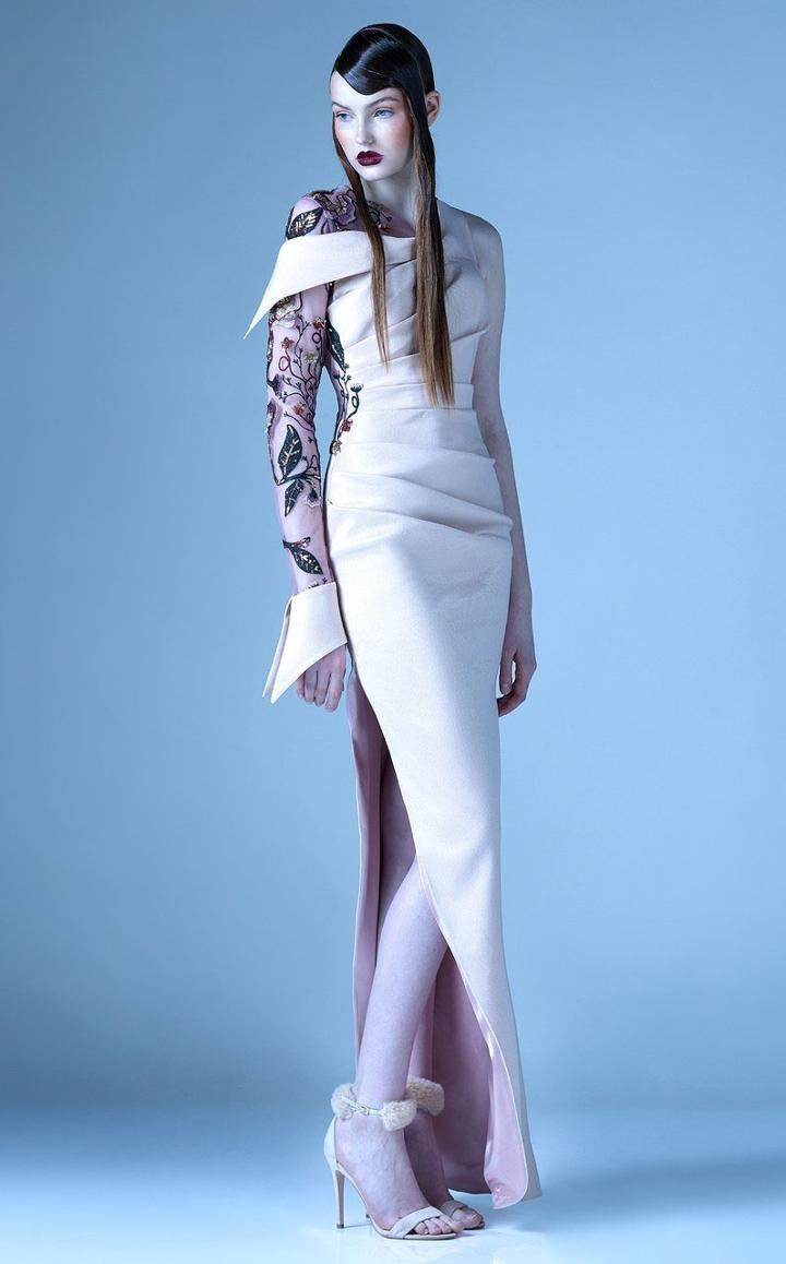 Mnm Couture - G0931 Embellished One Long Sleeve Pleated Gown