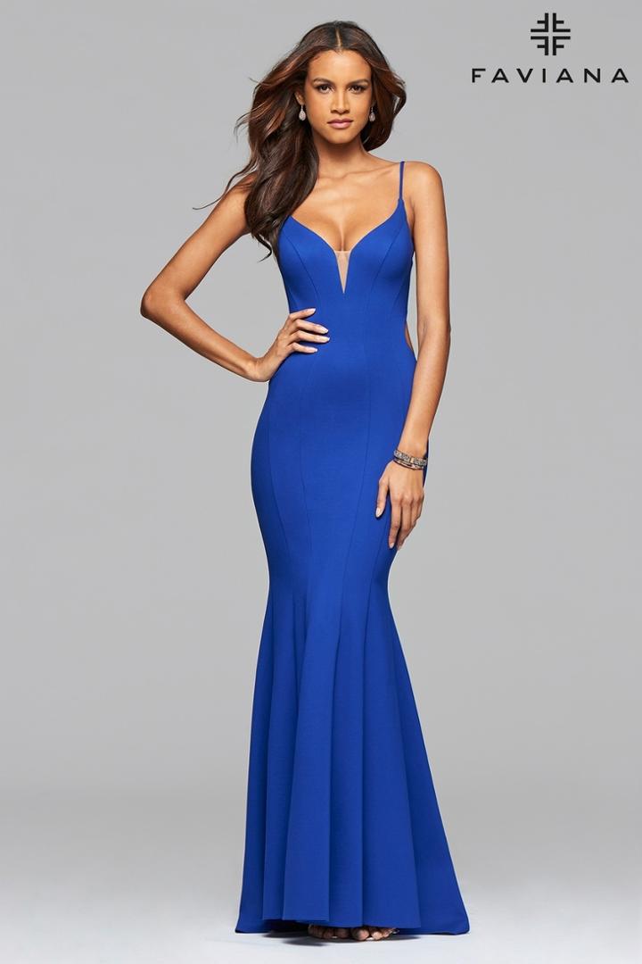 Faviana - 7902 Ponte Illusion V-neck Evening Dress With Side And Back Cutout And Back Ruffle