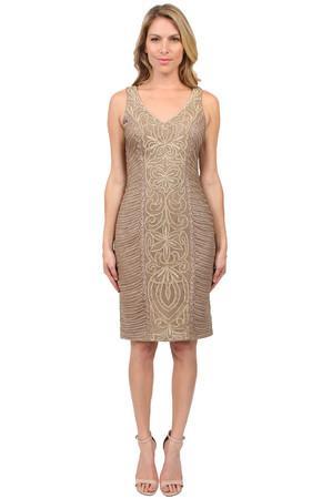 Sue Wong Lace Embroidered V-neck Dress In Taupe