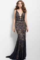 Jovani - Deep V Lace Metallic Evening Dress 50923