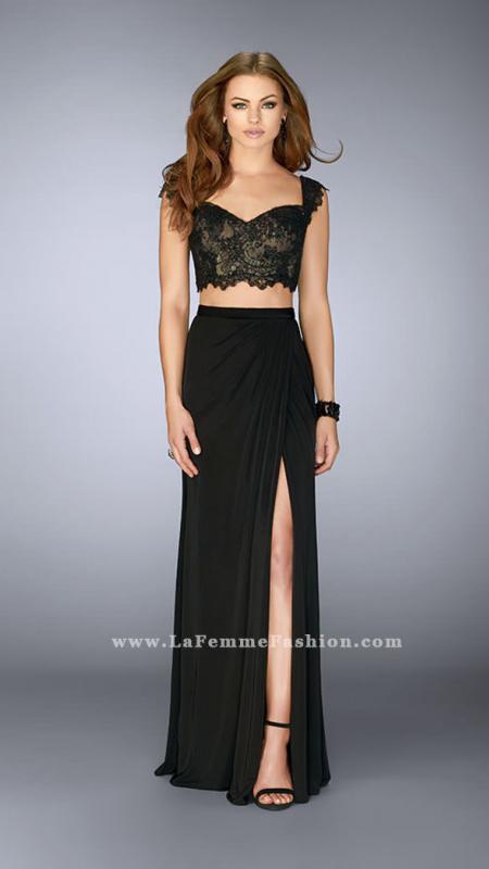 La Femme - Delectable Black Lace Draped Two-piece Evening Gown 23563.