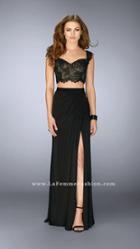 La Femme - Delectable Black Lace Draped Two-piece Evening Gown 23563.